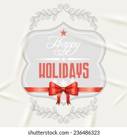 Cute vector holiday label with bow and ribbon on cloth, background illustration