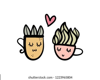 Cute vector home plants in love, kawaii style. Poster and banner element, children's book illustration, funny Valentine postcard, gift card, print for t-shirt and more, sticker, label and other