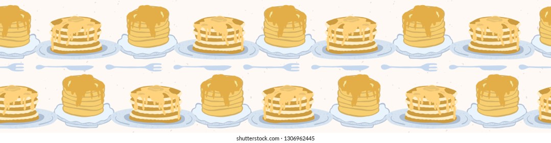 Cute vector homemade pancake day breakfast illustration. Seamless repeating border. Hand drawn stack of delicious pancakes with maple syrup, kawaii knife and fork. Food restaurant menu banner ribbon.