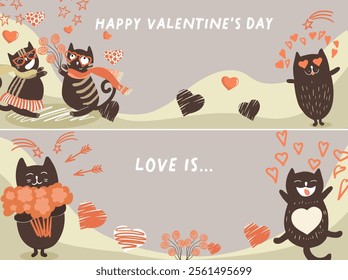 Cute vector horizontal banners with funny fat hand drawn cats for Valentine's Day. Funny cats with hearts, cats in love. Festive inspiration for Valentine's Day