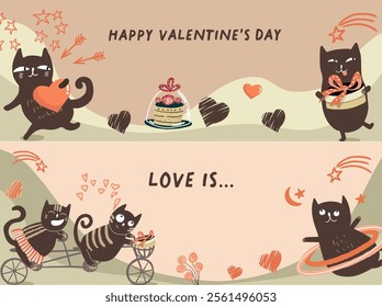 Cute vector horizontal banners with funny fat hand drawn cats for Valentine's Day. Funny cats with hearts, cats in love. Festive inspiration for Valentine's Day