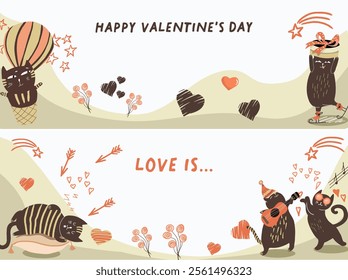 Cute vector horizontal banners with funny fat hand drawn cats for Valentine's Day. Funny cats with hearts, cats in love. Festive inspiration for Valentine's Day