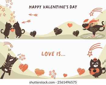 Cute vector horizontal banners with funny fat hand drawn cats for Valentine's Day. Funny cats with hearts, cats in love. Festive inspiration for Valentine's Day