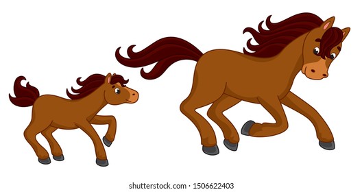 
Cute vector horse and her foal. Vector cartoon pony. Vector illustration for children 