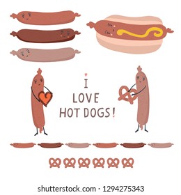 Cute vector hot dog bun with love heart, pretzel cartoon illustration. Hand drawn fast food frankfurter sausage clipart for kitchen foodie blog, funny valentine, german beer festival restaurant menu. 