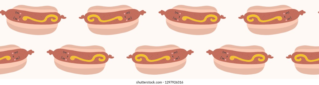 Cute vector hot dog in bun with mustard cartoon. Seamless repeat border illustration. Hand drawn fast food frankfurter sausage for kitchen foodie blog, snack vendor banner ribbon, restaurant tape.