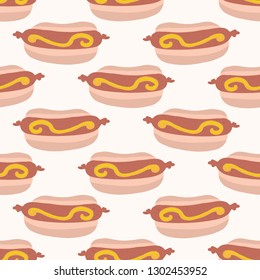 Cute vector hot dog in bun with mustard cartoon. Seamless repeat pattern illustration. Hand drawn fast food frankfurter sausage for kitchen foodie blog, snack vendor background, restaurant table cloth