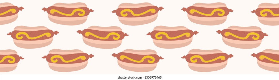 Cute vector hot dog in bun with mustard cartoon. Seamless repeat pattern border. Hand drawn fast food frankfurter sausage for kitchen foodie blog, snack vendor background, restaurant banner ribbon.