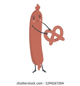 Cute vector hot dog holding pretzel. Cartoon illustration. Hand drawn fast food frankfurter sausage clipart for kitchen foodie blog, graphic element, german beer festival vendor, restaurant menu. 