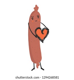 Cute vector hot dog holding love heart. Cartoon illustration. Hand drawn fast food frankfurter sausage clipart for kitchen foodie blog, funny valentine, german beer festival vendor, restaurant menu. 