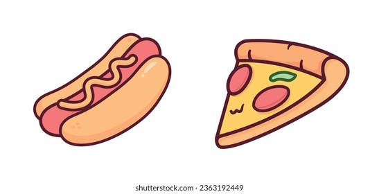 Cute Vector Hotdog and Slice Pizza  Cartoon Clipart Illustration