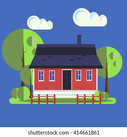 Cute vector house with blue tile roof, wooden window shutters and red fence. European street. Cartoon building