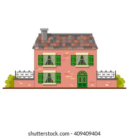 Cute vector house with gray tile roof, green wooden window shutters, wrought-iron fence and bushes around. European street. Cartoon building