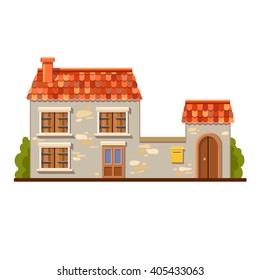 cute vector house with red tile roof, wooden window shutters,  stone fence and a yellow mail box