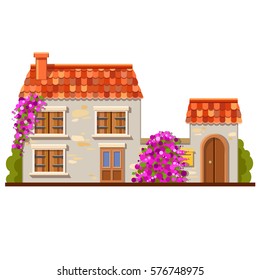 Cute vector house with red tile roof, wooden window shutters, stone fence, a yellow mail box and lots of violet flowers on the wall. Traditional european street. Cartoon building. 