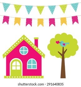 Cute vector house and tree set