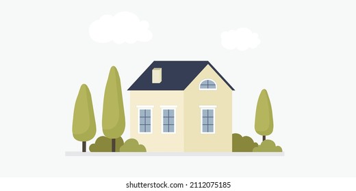 Cute vector house with windows. Building among the trees.