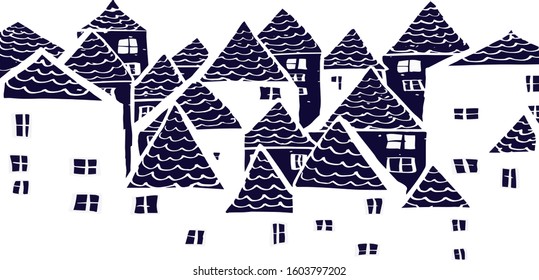 
Cute vector houses. Dark blue city. Night city. For the design of textiles, bedding, t-shirts, cards, banners. Isolated on a white background.