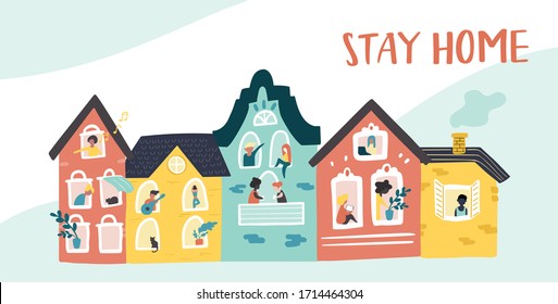 Cute vector houses of different colors and people in the windows, doing different things.