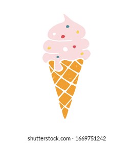 Cute vector ice cream. Colored ice cream in cones with sprinkles isolated on a transparent background. Vector shabby hand drawn illustration