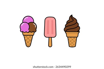 Cute vector of ice cream cone, popsicle, and soft serve. Great for kids' designs and summer themes.

