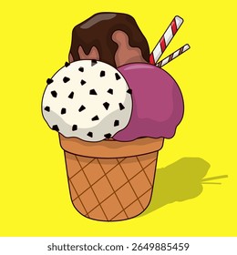 A cute vector ice cream with pink, white, and chocolate scoops on a waffle cone. Perfect for dessert designs, menus, stickers, and kids’ content. Fun, colorful, and easy to use in any project.
