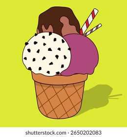 A cute vector ice cream with pink, white, and chocolate scoops on a waffle cone. Perfect for dessert designs, menus, stickers, and kids’ content. Fun, colorful, and easy to use in any project.