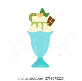 Cute vector ice cream sundae in a blue glass bowl topped with kiwi slice, chocolate bar, nuts, mint leaves, and green syrup. Isolated flat illustration for summer cafe menus