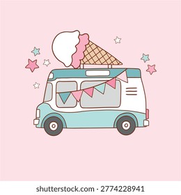Cute vector ice cream truck on isolated background. Hand drawn car clipart. Summer holiday illustration. 