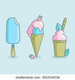 Cute vector ice creams icons. Colorful blue and pink cream in a waffle cone, waffle cup and ice lolly. Set of vector objects on blue background.