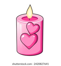 Cute vector icon candle with pink red hearts for Valentine day. Flat design element collection. Minimal cartoon illustration for design web banner and greeting card