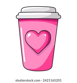 Cute vector icon coffee with pink heart for Valentine day. Flat design element collection. Minimal cartoon illustration for design web banner and greeting card