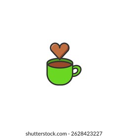 Cute vector icon of a green cup filled with hot chocolate, topped with a heart-shaped steam element.
