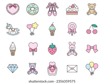 Cute vector icon illustration set of rabbit, bear, cat stuffed animals and balloons.          Heart cushion, balloon, pointe shoes, cherry, love letter