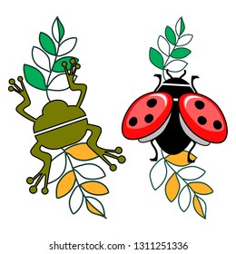Cute vector icon of a ladybug and frog with yellow green leaves.