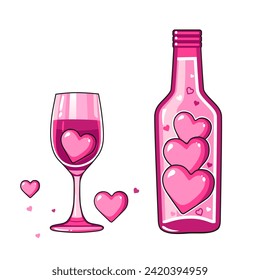 Cute vector icon with pink wine bottle and glass for Valentine day. Flat design element collection. Minimal cartoon illustration for design web banner and greeting card