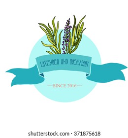 cute vector icon with ribbons and lavender Provence and rosemary