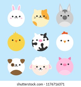 Cute vector icon set of domestic animals. Round animal illustrations; bunny, cat, donkey, chicken, cow, hen, dog, sheep and pig. Isolated on baby blue background.