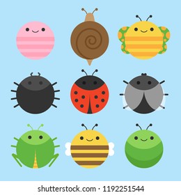 Cute vector icon set of insect, meadow animals. Round animals illustrations; earthworm, snail, butterfly, spider, ladybird, fly, grasshopper, bee and caterpillar. Isolated on baby blue background.