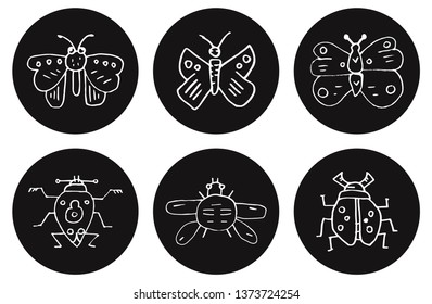 Cute vector icon set of insect, meadow animals. Round animals illustrations; butterfly, beetles. Isolated on baby white background.
