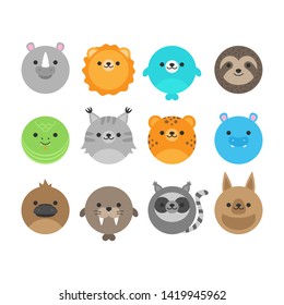 Cute vector icon set of random wild, zoo animals. Round animal illustrations; rhinoceros, lion, seal, sloth, snake, lynx, cheetah, hippopotamus, platypus, walrus, lemur, kangaroo. Isolated.