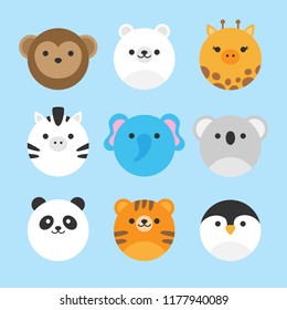 Cute vector icon set of zoo animals. Round animal illustrations; monkey, polar bear, giraffe, zebra, elephant, koala bear, panda bear, tiger and penguin. Isolated on baby blue background.