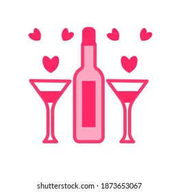 Icono vector lindo para el Día de San Valentín. Una botella de vino con dos vasos y corazones aislados en un fondo blanco. para tarjetas de felicitación, carteles, pegatinas. Colores rojo y rosa