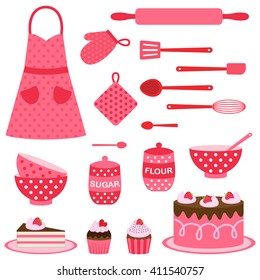 Cute Vector Icons Collection On Baking Theme In Pink And Red Colors