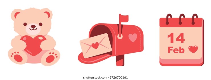 Ícones vetoriais bonitos para o Dia dos Namorados: um ursinho de pelúcia com um coração, uma caixa de correio vermelha com uma carta de amor e um calendário marcando 14 de fevereiro. Doce e festivo. Adesivos, scrapbook