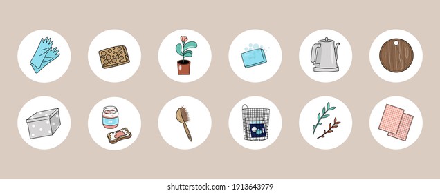 A cute vector icons highlights social network about home life and cleaning. Nice vector flat illustration in cartoon style with household items, clothes and hearts on a beige background. 