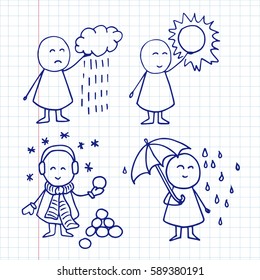 Cute vector icons on notebook page. Weather conditions set depicted with doodle people. Seasons.