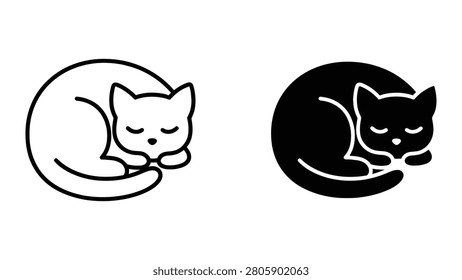 Cute vector icons of a sleeping cat designed in outline and solid black styles. These icons are perfect for pet shops animal care services veterinary websites and lifestyle-themed applications.