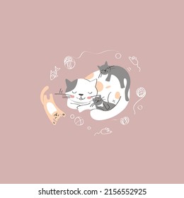 cute vector illlustration with Mama Cat and little kittens