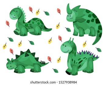 Cute Vector Illustrated Dinosaurs Set Isolated On White Background. Collection Of Simple Drawn Characters For Children's Book